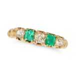 AN ANTIQUE EMERALD AND DIAMOND FIVE STONE RING in yellow gold, set with alternating old cut diamo...