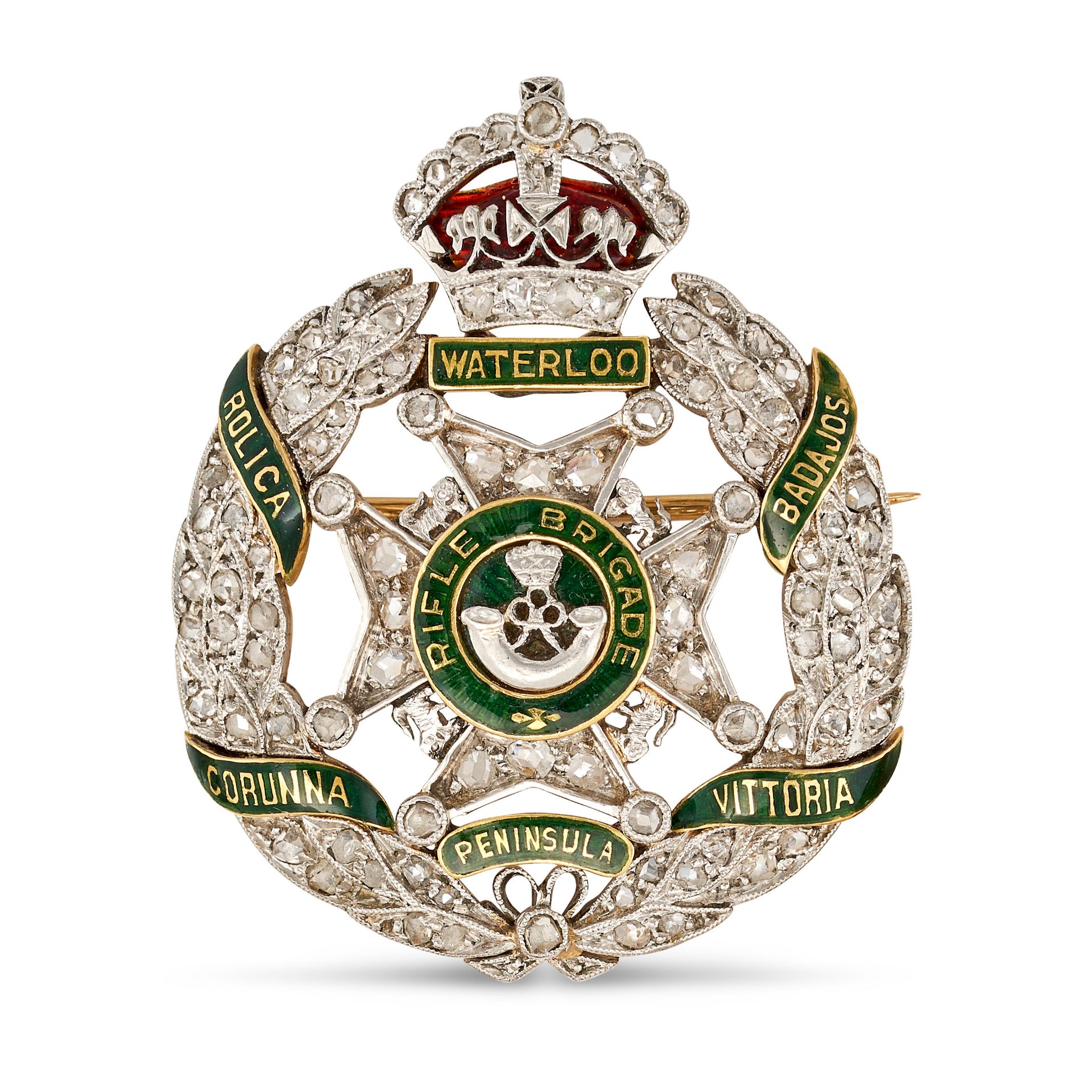 AN ANTIQUE REGIMENTAL DIAMOND AND ENAMEL BADGE BROOCH in platinum and 15ct yellow gold, designed ...