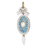 AN ANTIQUE PEARL, DIAMOND AND ENAMEL PENDANT in yellow gold, designed as a white enamel bow set w...