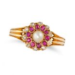 AN ANTIQUE PEARL, RUBY AND DIAMOND CLUSTER RING in yellow gold, set with a half pearl in a cluste...