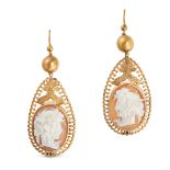 A PAIR OF ANTIQUE CAMEO EARRINGS in yellow gold, each earring set with a cameo depicting a classi...