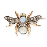 AN ANTIQUE OPAL AND DIAMOND INSECT BROOCH in yellow gold, the body of the insect set with round c...