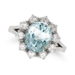 AN AQUAMARINE AND DIAMOND CLUSTER RING in 18ct white gold, set with an oval cut aquamarine of app...