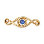 AN ANTIQUE SAPPHIRE AND DIAMOND BROOCH in yellow gold, the scrolling body set with a round cut sa...