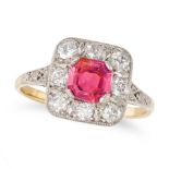 A FINE PINK SAPPHIRE AND DIAMOND CLUSTER RING set with an octagonal step cut pink sapphire of app...