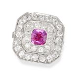 A PINK SAPPHIRE AND DIAMOND RING set with an octagonal step cut pink sapphire of approximately 1....