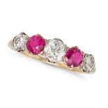 AN ANTIQUE RUBY AND DIAMOND FIVE STONE RING in yellow gold, set with a row of alternating old cut...