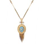 AN ANTIQUE PEARL AND ENAMEL LOCKET PENDANT AND CHAIN in yellow gold, the pendant in the Etruscan ...