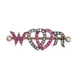 AN ANTIQUE RUBY AND DIAMOND SWEETHEART BROOCH in yellow gold and silver, comprising two interlock...