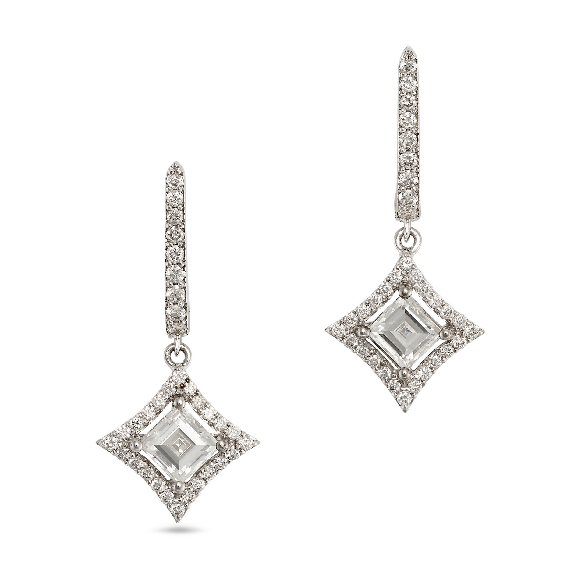 A PAIR OF DIAMOND DROP EARRINGS in 18ct white gold, each comprising a huggie hoop set with round ...