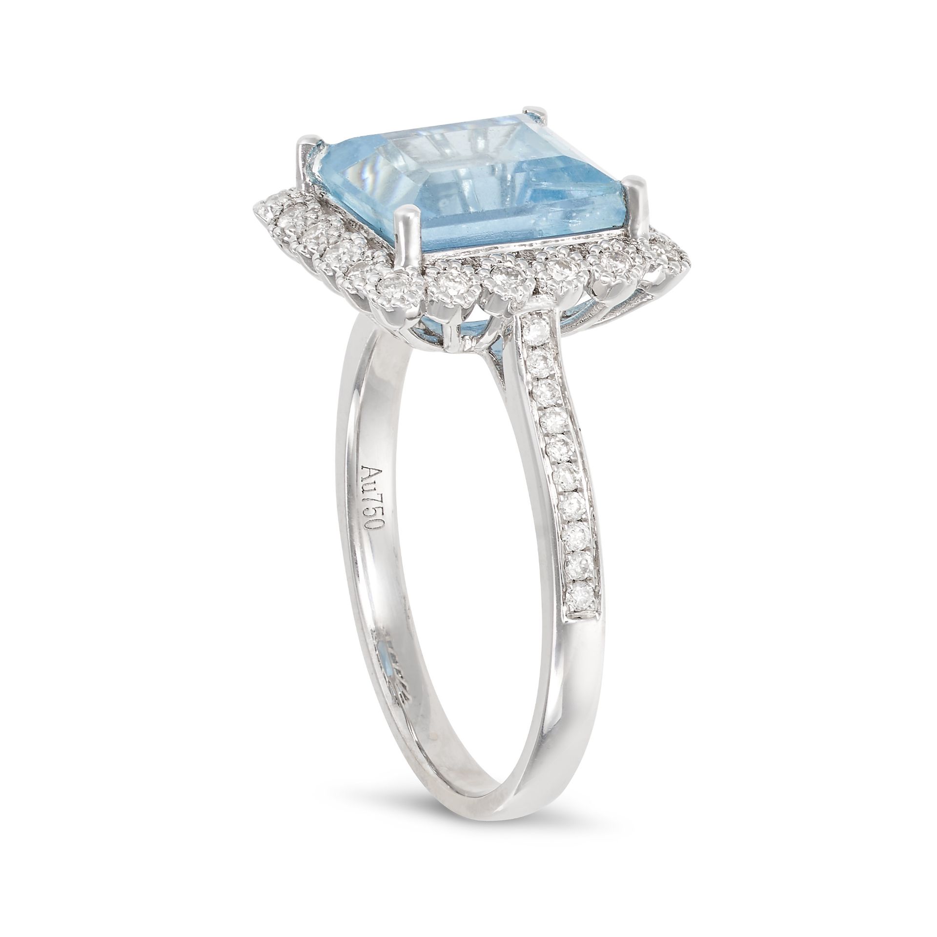 AN AQUAMARINE AND DIAMOND CLUSTER RING in 18ct white gold, set with a square step cut aquamarine ... - Image 2 of 2