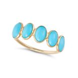 A TURQUOISE FIVE STONE RING in 18ct yellow gold, set with five oval cabochon cut turquoise, stamp...