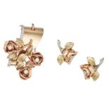 A DIAMOND ROSE BROOCH AND EARRINGS SUITE in 14ct yellow, rose and white gold, the brooch designed...