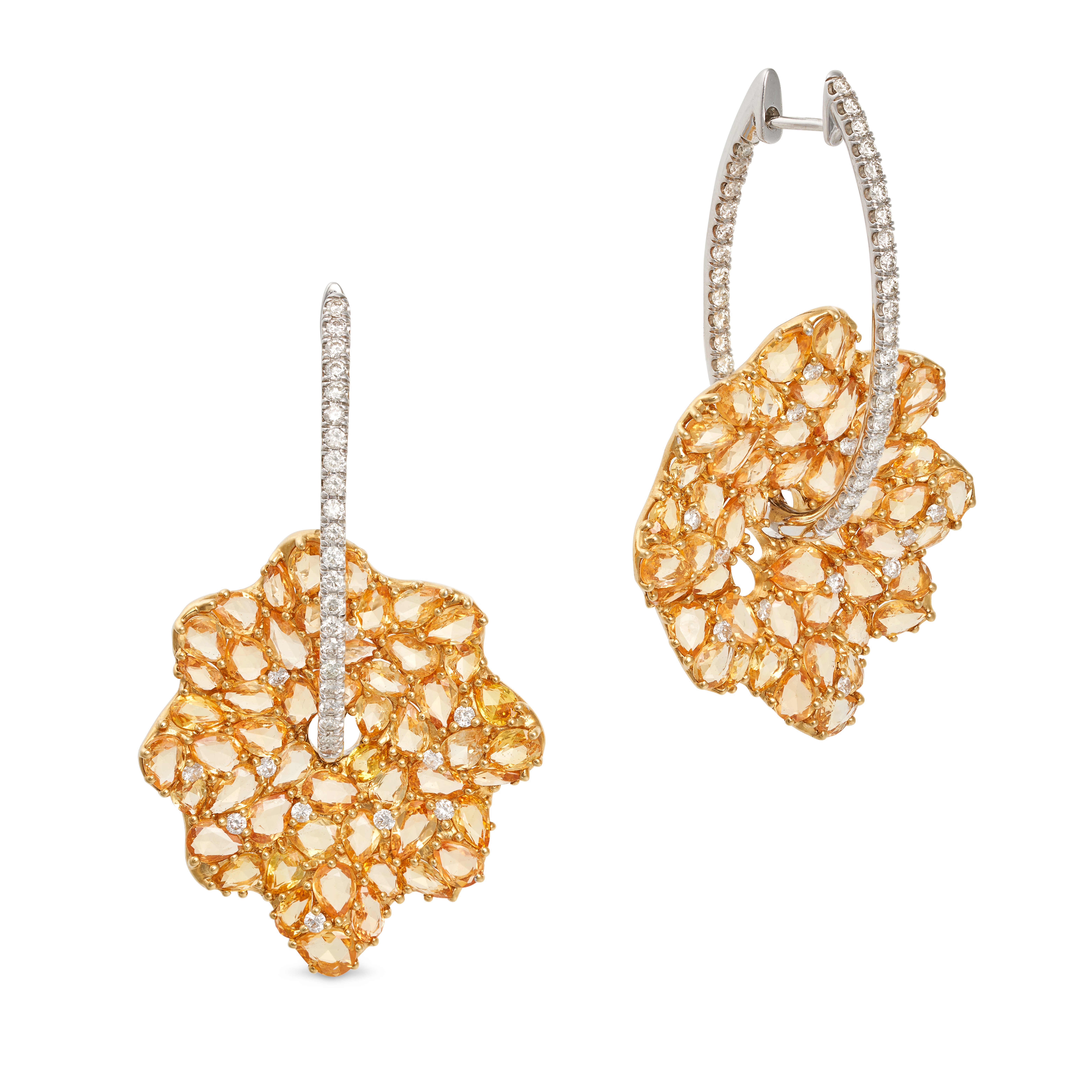 A PAIR OF YELLOW SAPPHIRE AND DIAMOND HOOP EARRINGS in 18ct yellow and white gold, each comprisin...