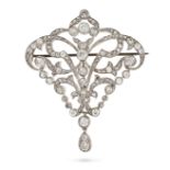 AN ANTIQUE EDWARDIAN DIAMOND BROOCH in rhodium plated gold, the openwork scrolling brooch set thr...