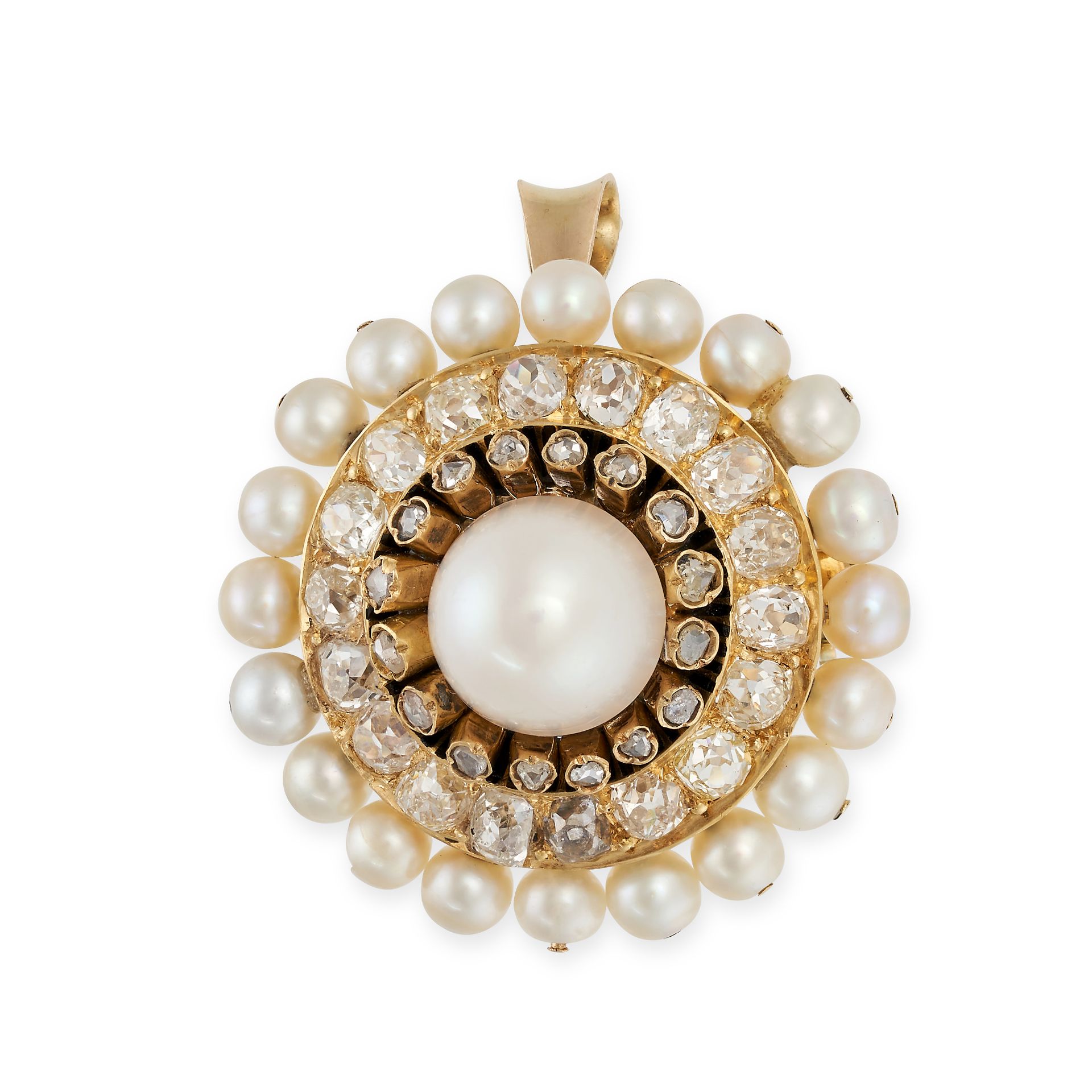 A NATURAL SALTWATER PEARL AND DIAMOND BROOCH / PENDANT in 18ct yellow gold, set with a natural sa...