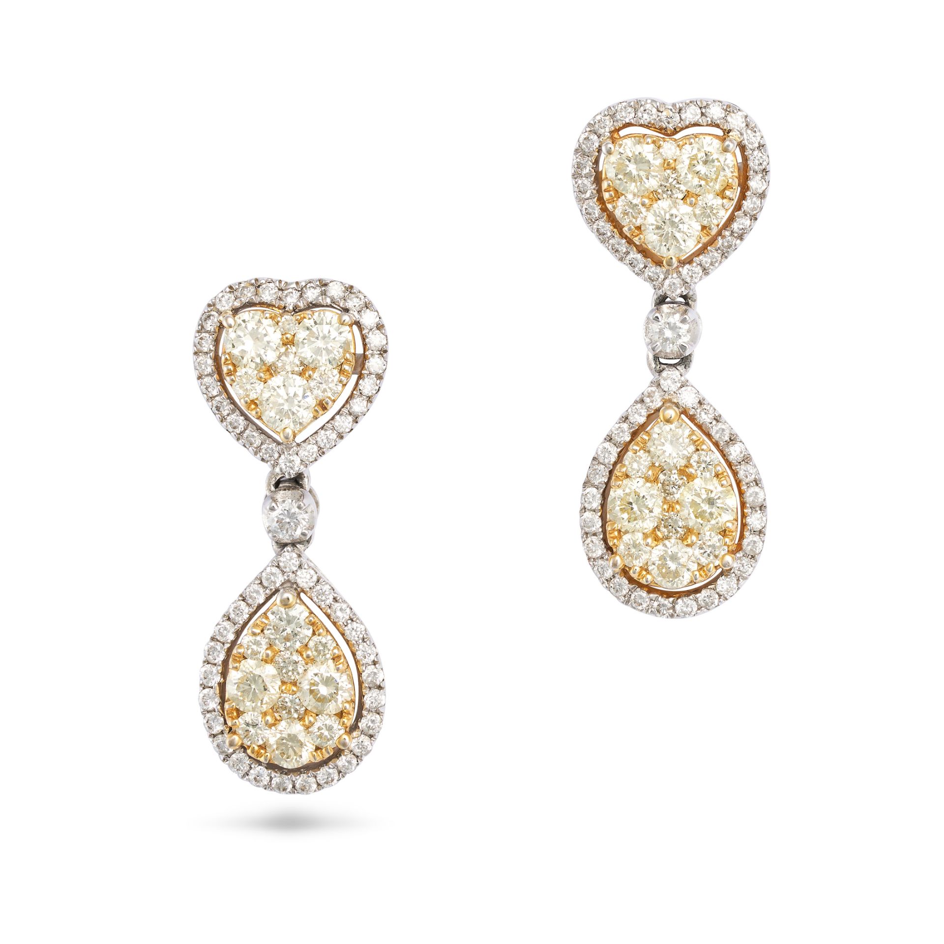 NO RESERVE - A PAIR OF YELLOW DIAMOND AND DIAMOND DROP EARRINGS in 18ct white and yellow gold, ea...