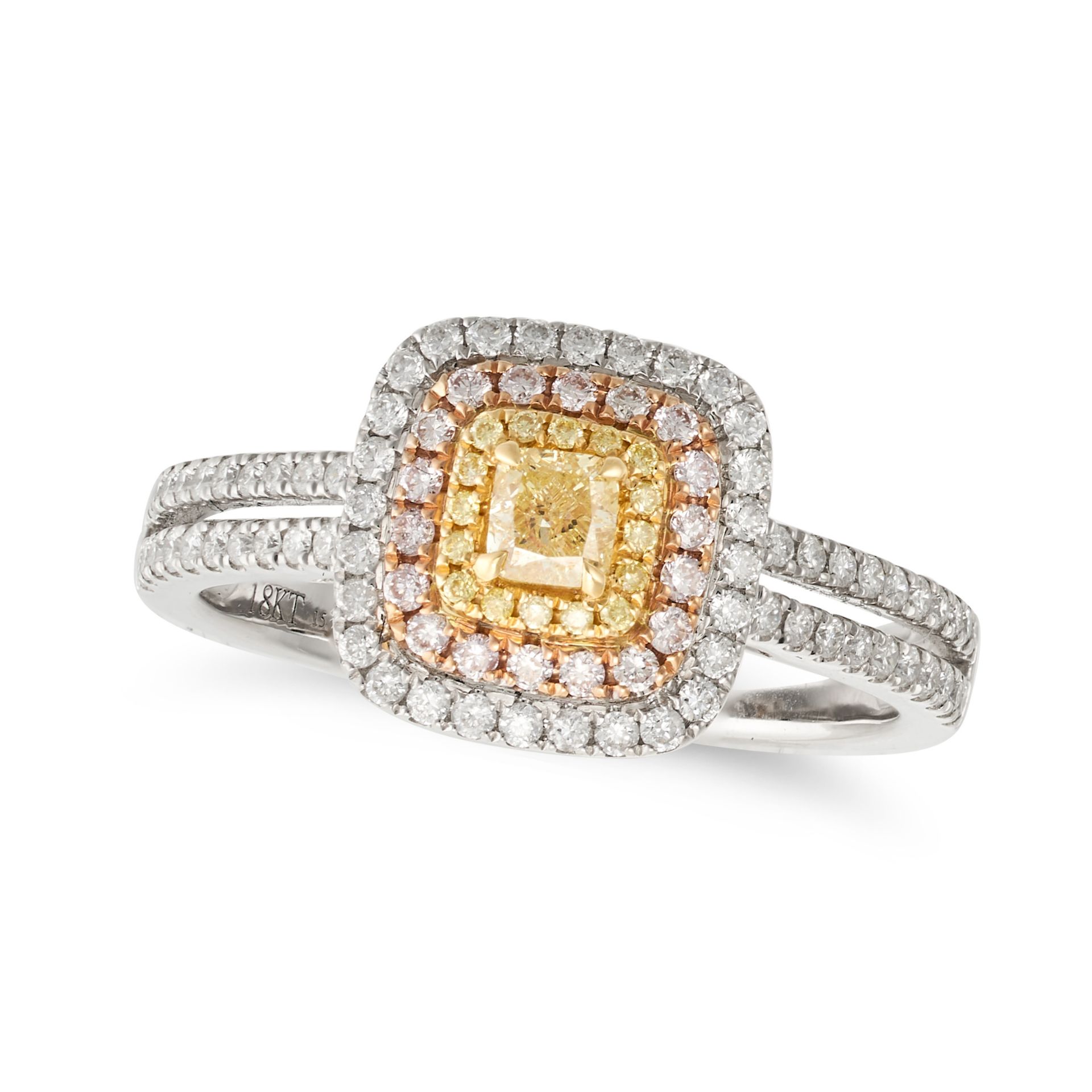 A YELLOW DIAMOND CLUSTER RING in 18ct white gold, set to the centre with a radiant cut yellow dia...