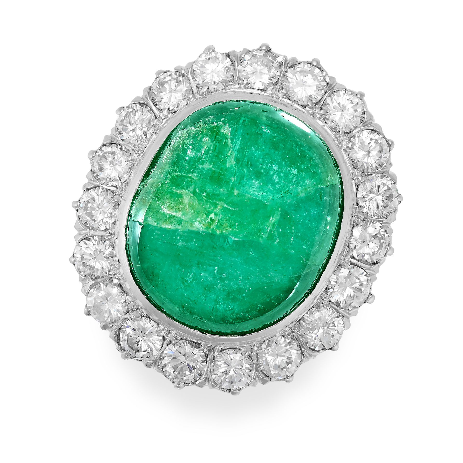 AN EMERALD AND DIAMOND CLUSTER RING in 18ct white gold, set with an oval cabochon emerald of appr...