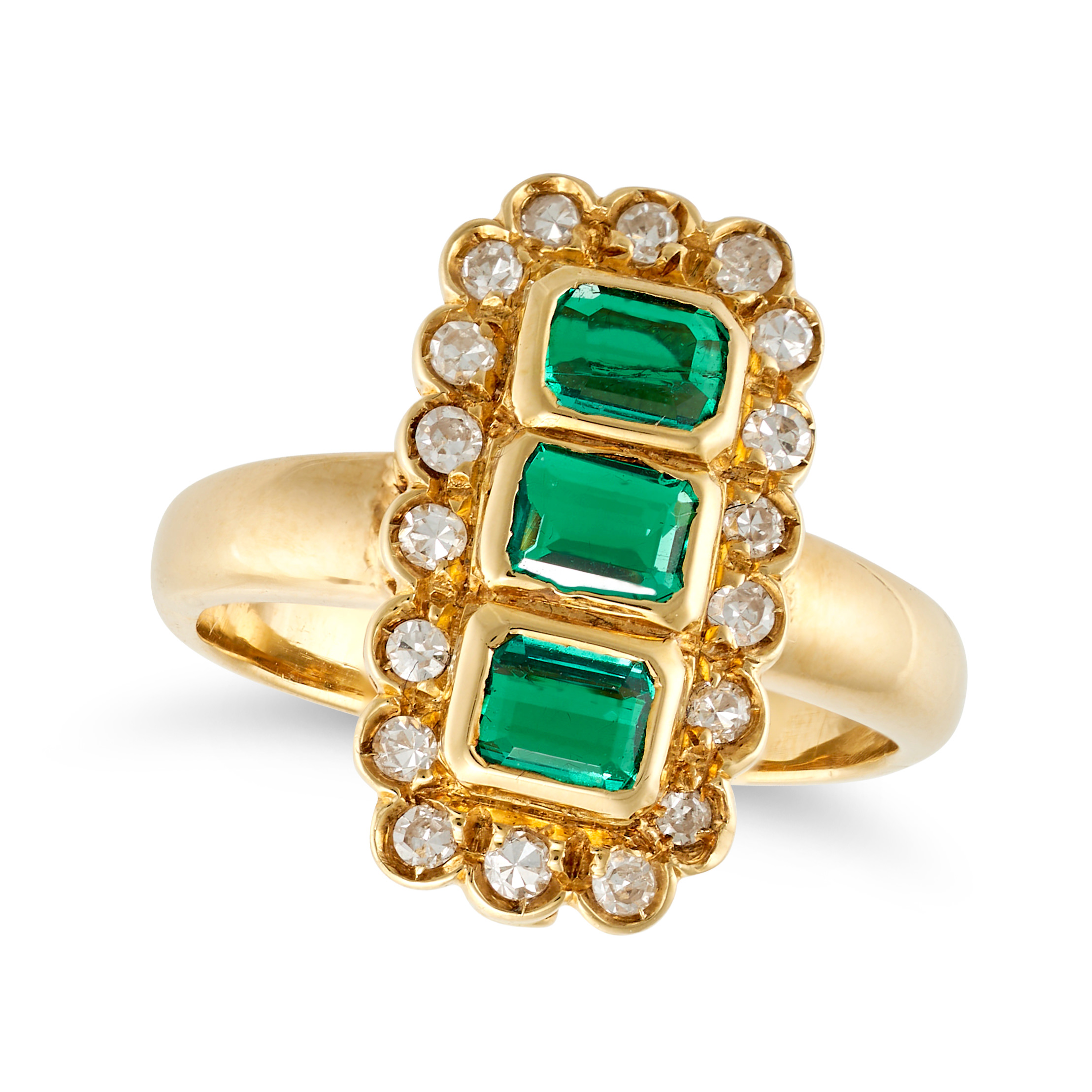 AN EMERALD AND DIAMOND DRESS RING in 18ct yellow gold, set with three octagonal step cut emeralds...