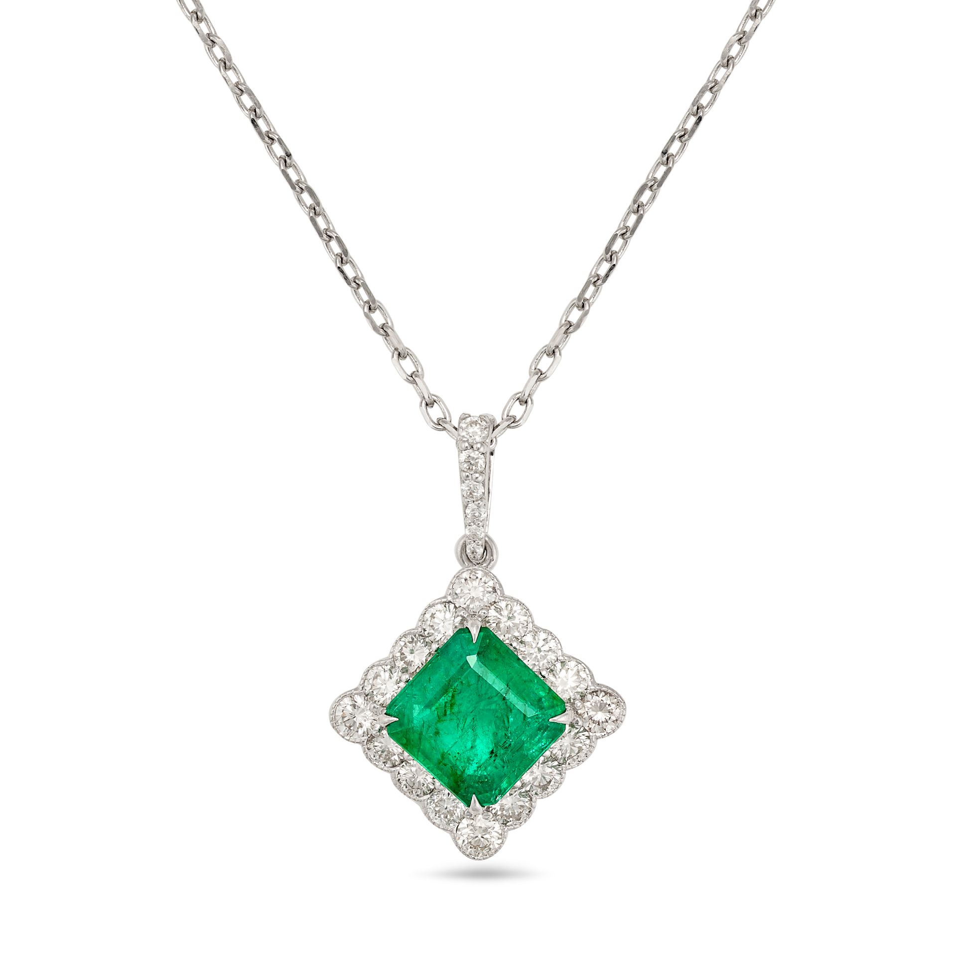 AN EMERALD AND DIAMOND PENDANT NECKLACE in 18ct white gold, the pendant set with an octagonal ste...