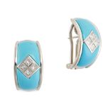 A PAIR OF TURQUOISE AND DIAMOND EARRINGS in 18ct white gold, each set with a central cluster of f...