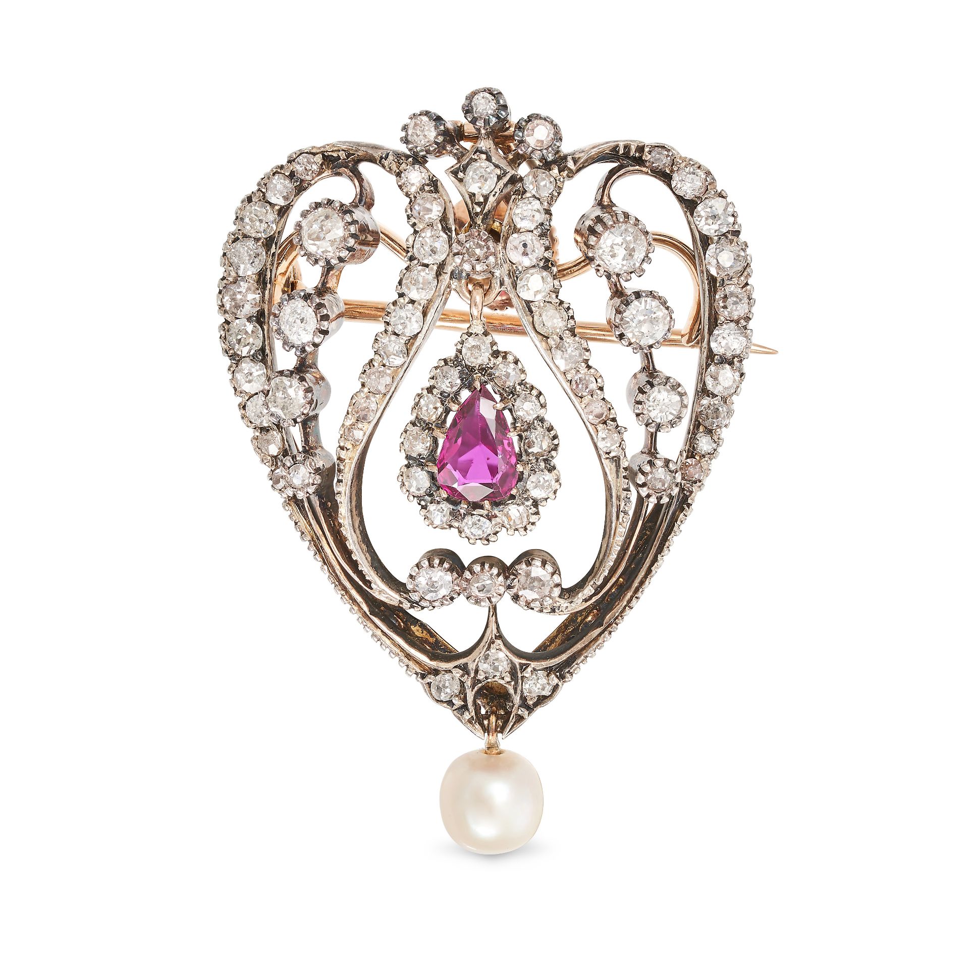 AN ANTIQUE DIAMOND, RUBY AND PEARL BROOCH / PENDANT in yellow gold and silver, the openwork heart...