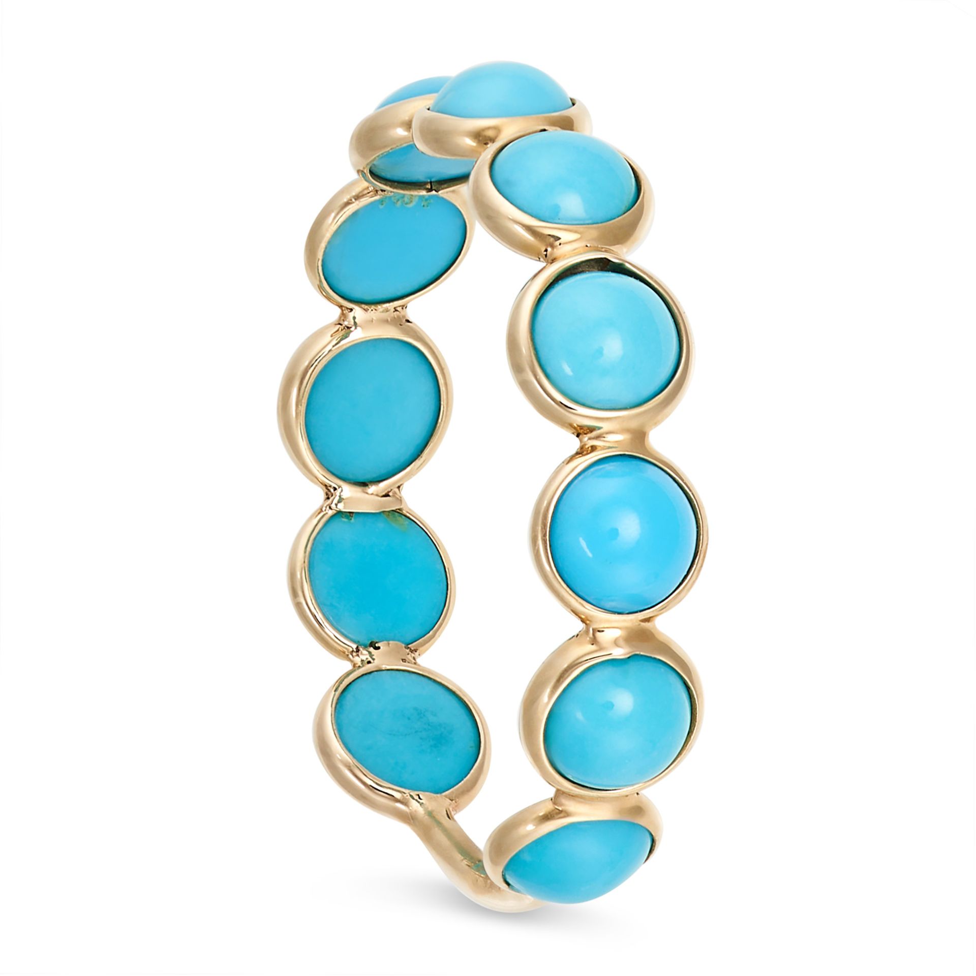 A TURQUOISE ETERNITY RING in 14ct yellow gold, set with a row of round cabochon turquoise, stampe... - Image 2 of 2