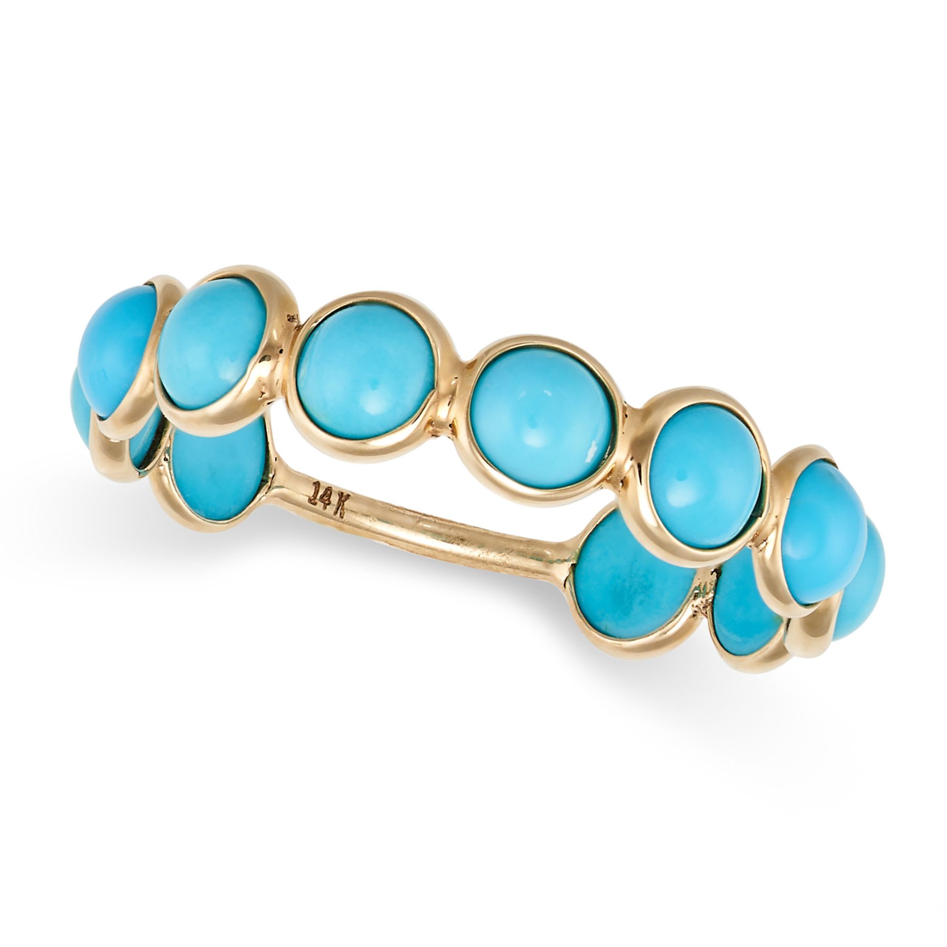 A TURQUOISE ETERNITY RING in 14ct yellow gold, set with a row of round cabochon turquoise, stampe...