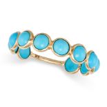 A TURQUOISE ETERNITY RING in 14ct yellow gold, set with a row of round cabochon turquoise, stampe...