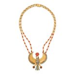 AN EGYPTIAN REVIVAL CORAL AND ENAMEL FALCON NECKLACE in 18ct yellow gold, comprising two rows of ...