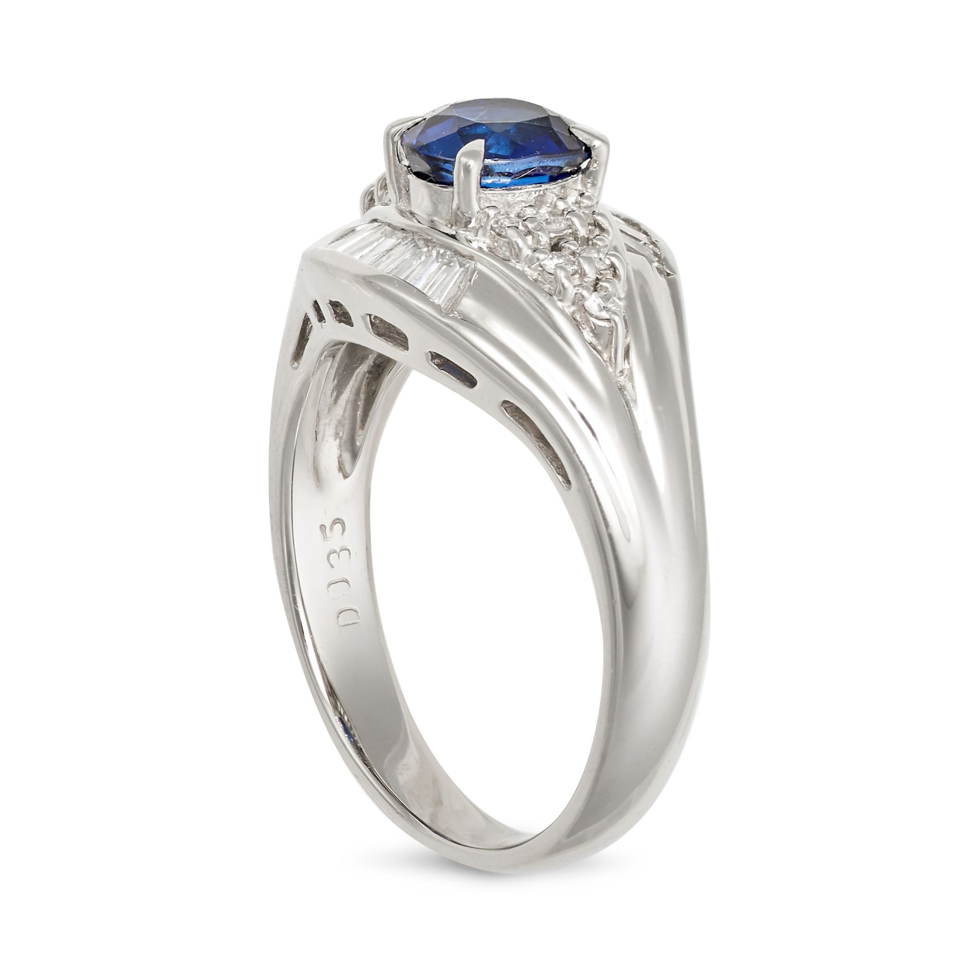 A SAPPHIRE AND DIAMOND RING in platinum, the tapering band set with an oval cut sapphire of 1.10 ... - Image 2 of 2