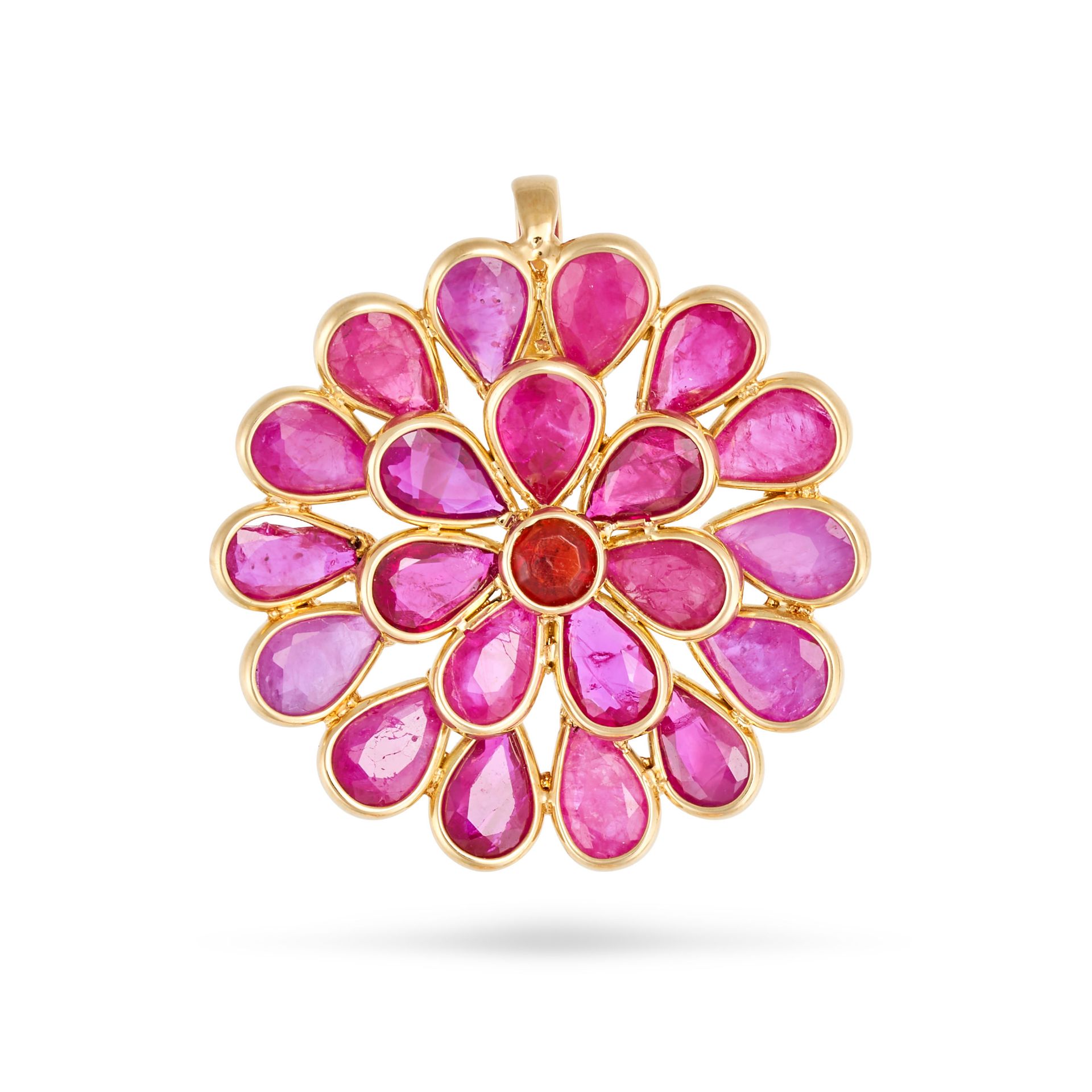 A RUBY CLUSTER PENDANT in 18ct yellow gold, set with pear and round rubies all totalling 4.30 car...