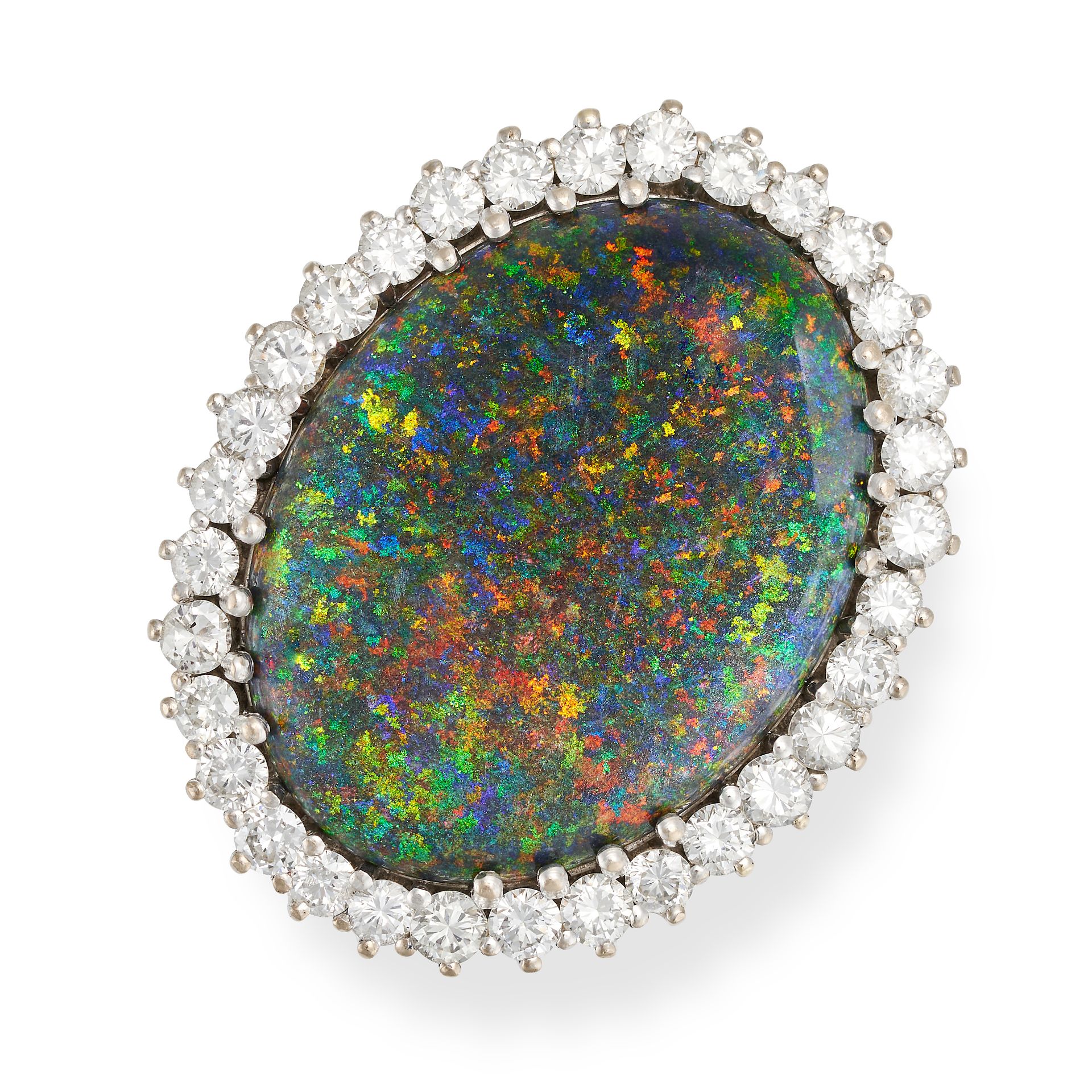 A BOULDER OPAL AND DIAMOND CLUSTER RING in white gold, set with an oval cabochon cut boulder opal...