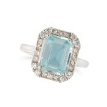 AN AQUAMARINE AND DIAMOND CLUSTER RING in 18ct white gold, set with an octagonal step cut aquamar...