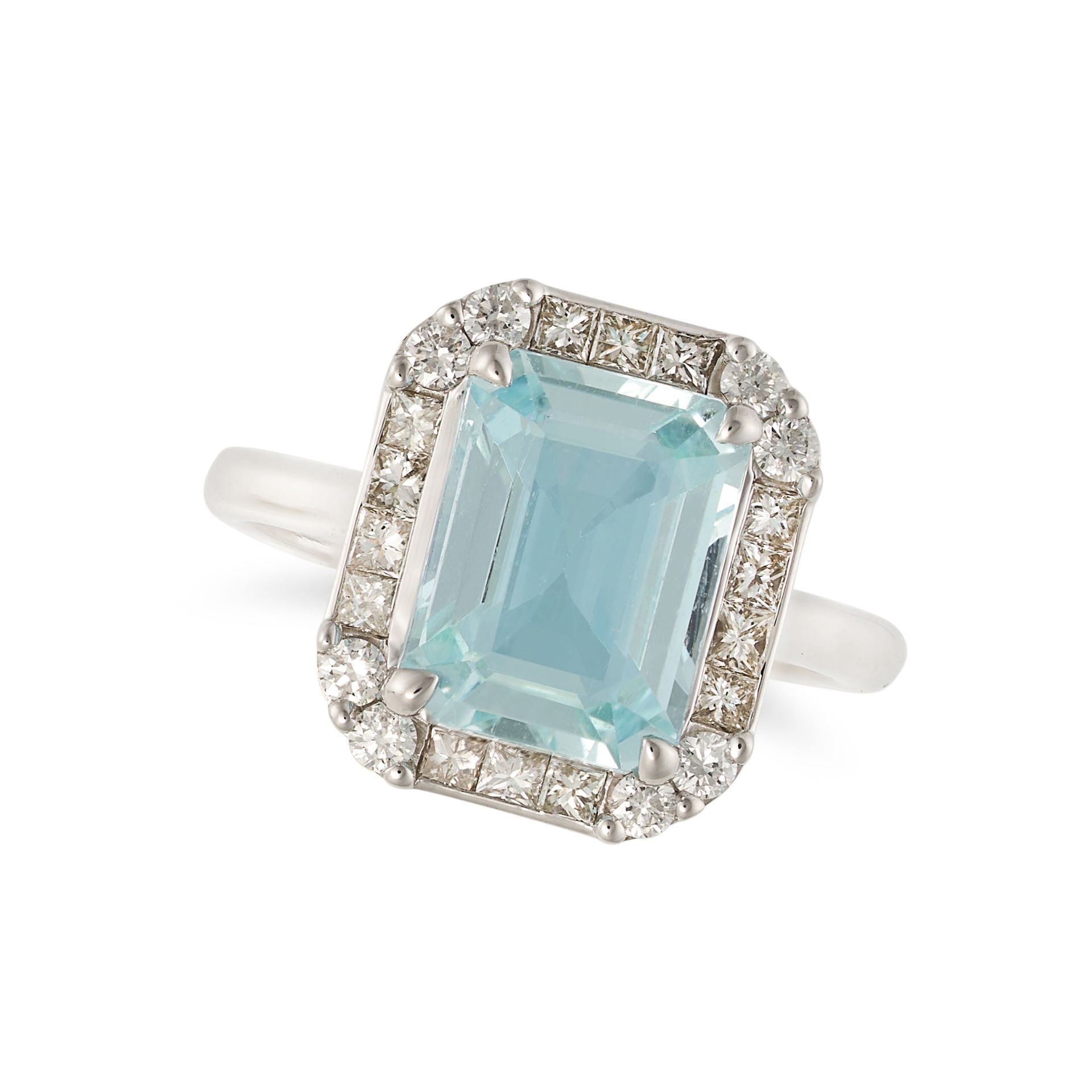 AN AQUAMARINE AND DIAMOND CLUSTER RING in 18ct white gold, set with an octagonal step cut aquamar...
