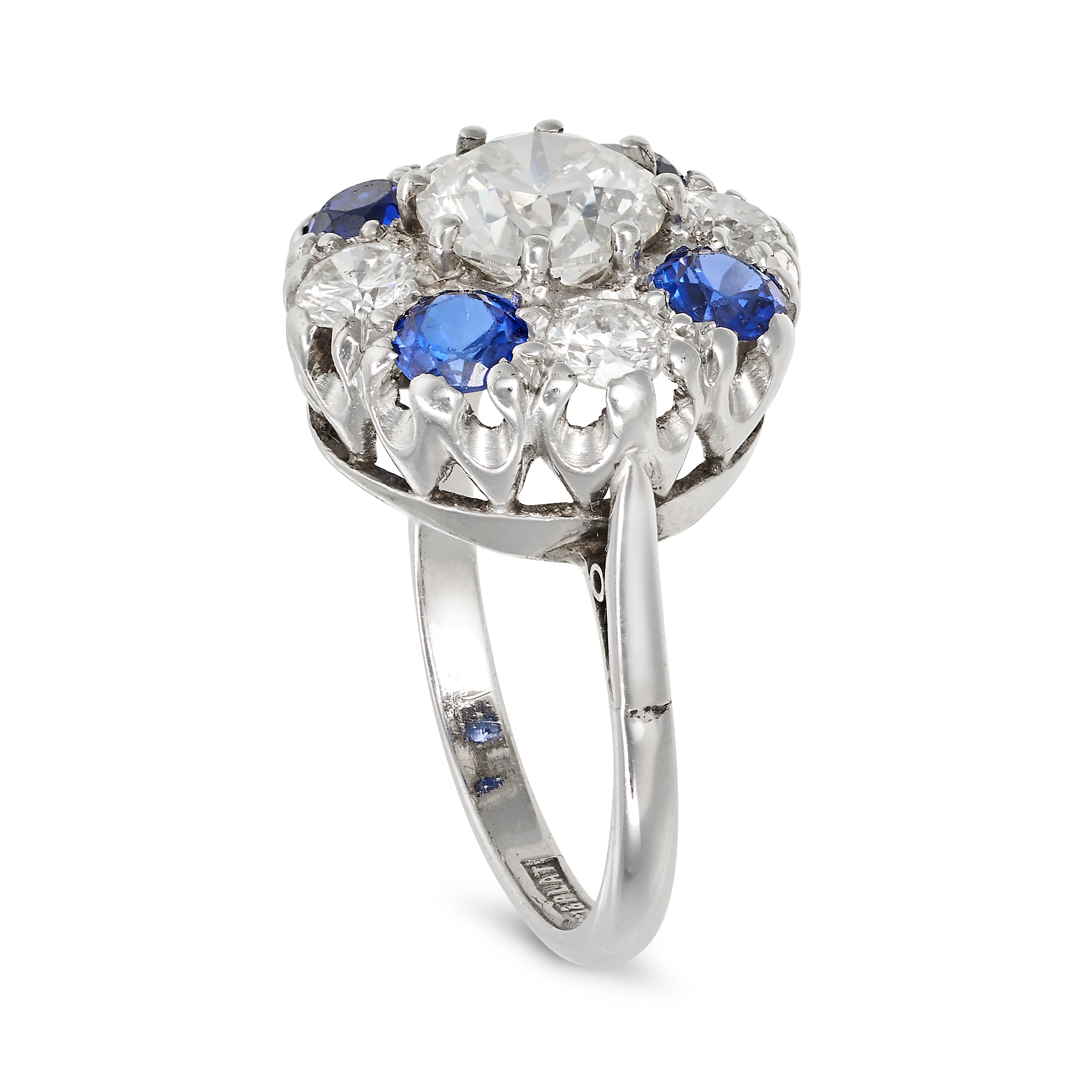 A DIAMOND AND SYNTHETIC SAPPHIRE CLUSTER RING in platinum and 18ct white gold, set with a round b... - Image 2 of 2