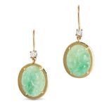 A PAIR OF JADE AND DIAMOND DROP EARRINGS in 18ct gold, each comprising a round brilliant cut diam...