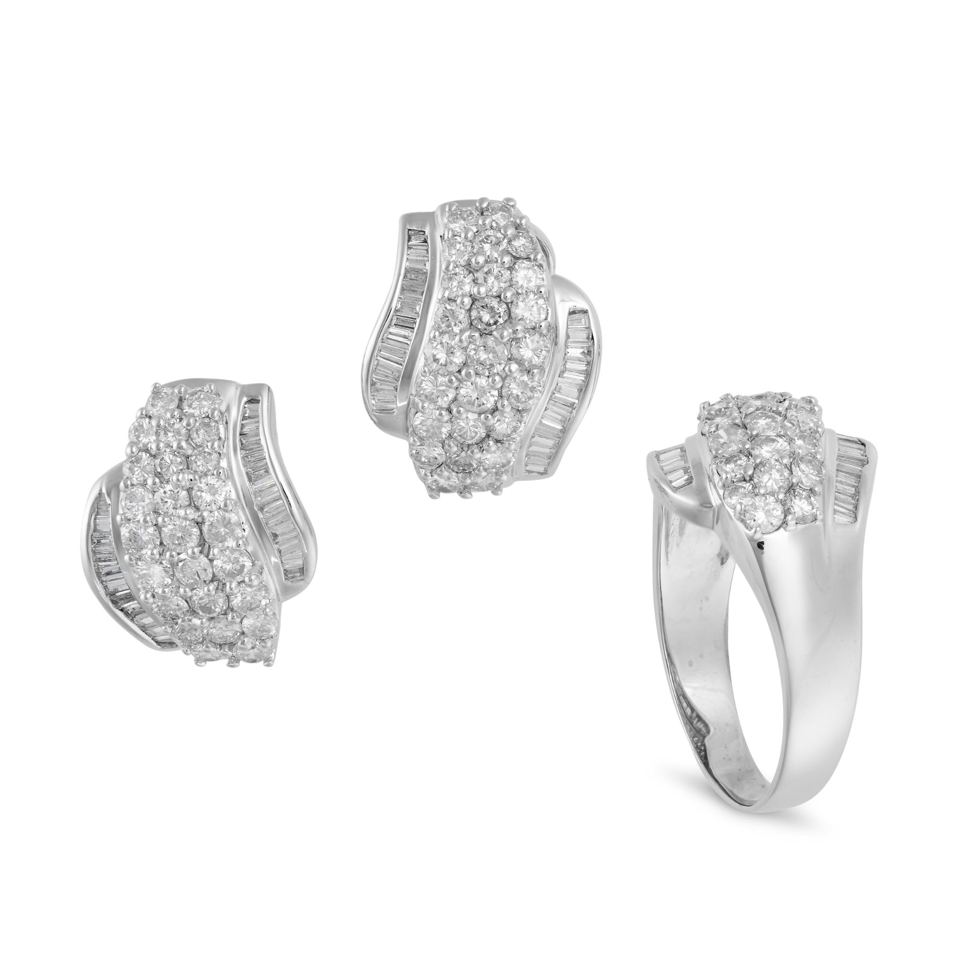 A DIAMOND EARRINGS AND RING SET in 18ct white gold, the ring set with three rows of round brillia...