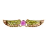 AN ANTIQUE ART NOUVEAU PASTE AND PLIQUE A JOUR ENAMEL BROOCH in yellow gold, set with a purple pa...