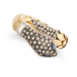 A SAPPHIRE AND DIAMOND SNAKE RING in 18ct yellow gold, the ring designed as an articulated snake,...