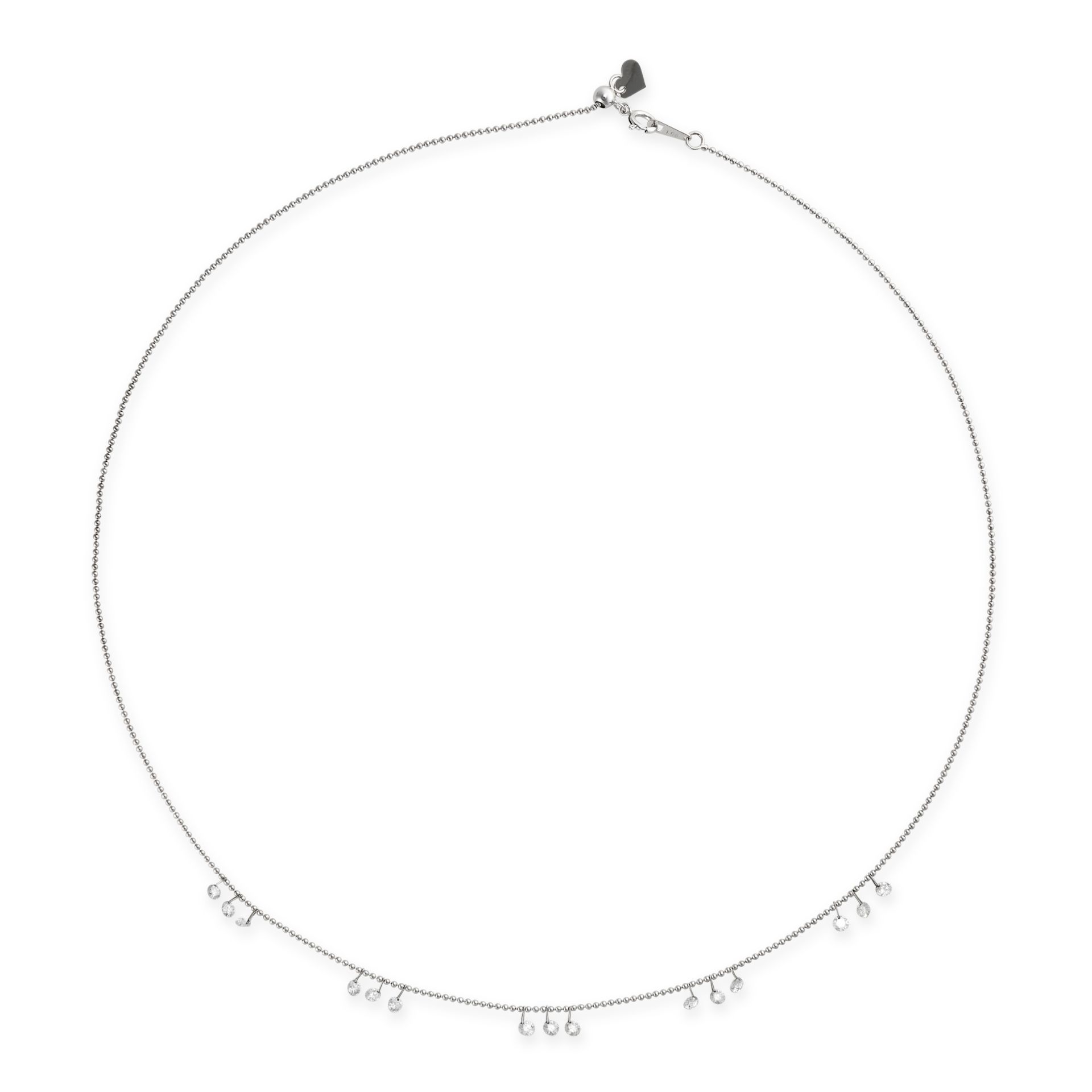 A DIAMOND CHAIN NECKLACE in 18ct white gold, comprising a beaded chain suspending fifteen round b...