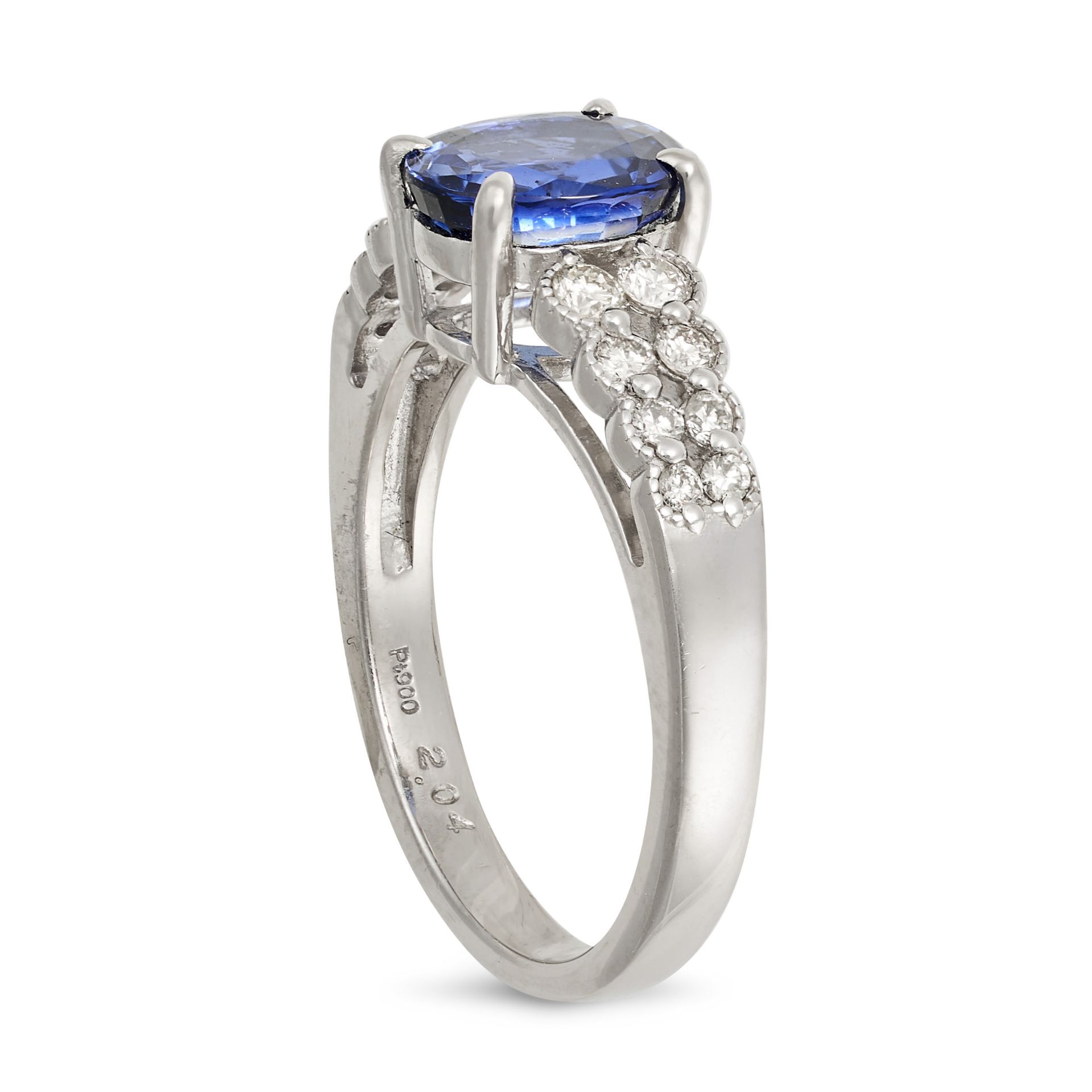 A SAPPHIRE AND DIAMOND RING in platinum, set with an oval cut sapphire of 2.04 carats on a bifurc... - Image 2 of 2