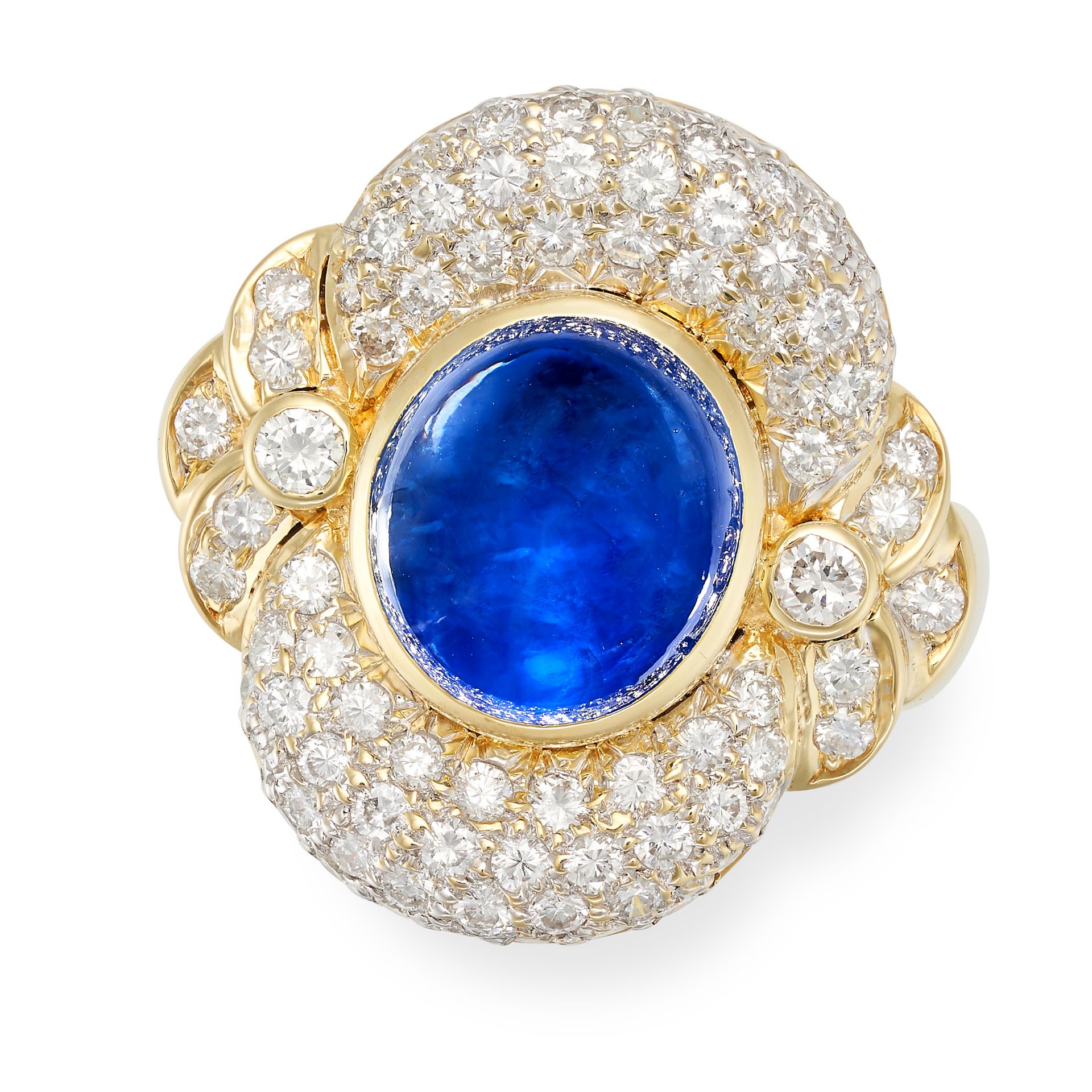 A SAPPHIRE AND DIAMOND DRESS RING in 18ct yellow gold, set with an oval cabochon sapphire of appr...