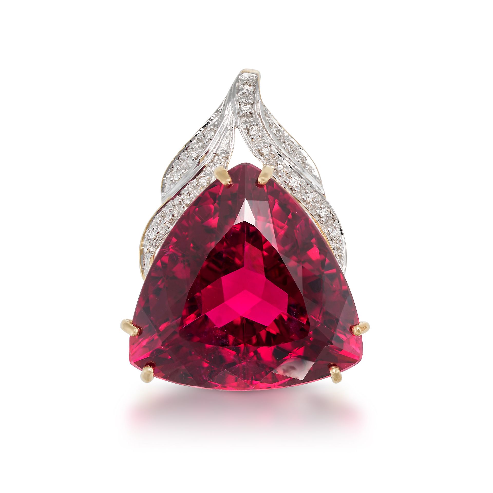 A RUBELLITE TOURMALINE AND DIAMOND PENDANT in 18ct yellow gold, set with an trilliant cut rubelli...