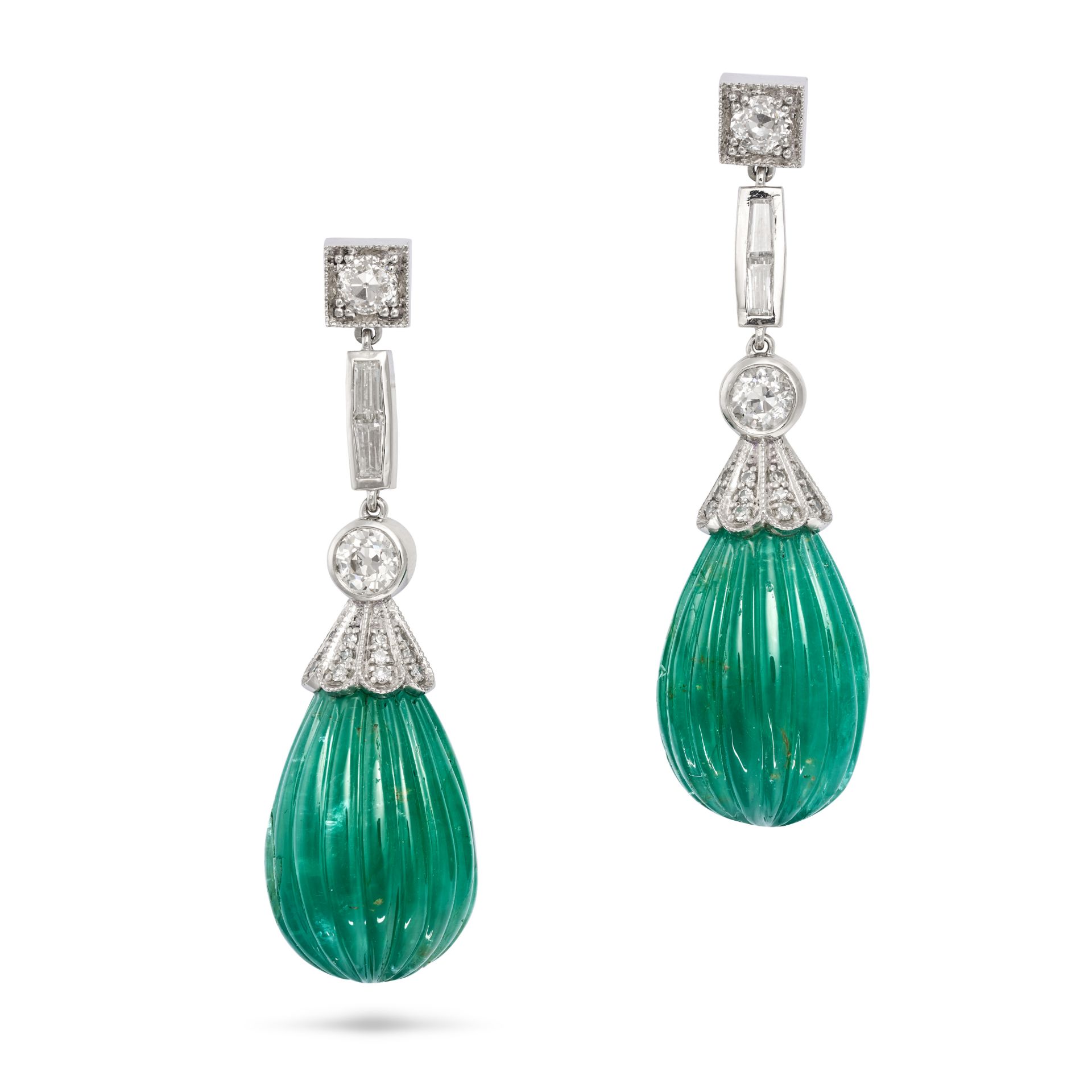 A PAIR OF CARVED EMERALD AND DIAMOND DROP EARRINGS in platinum, each set with a row of old and ba... - Image 2 of 2
