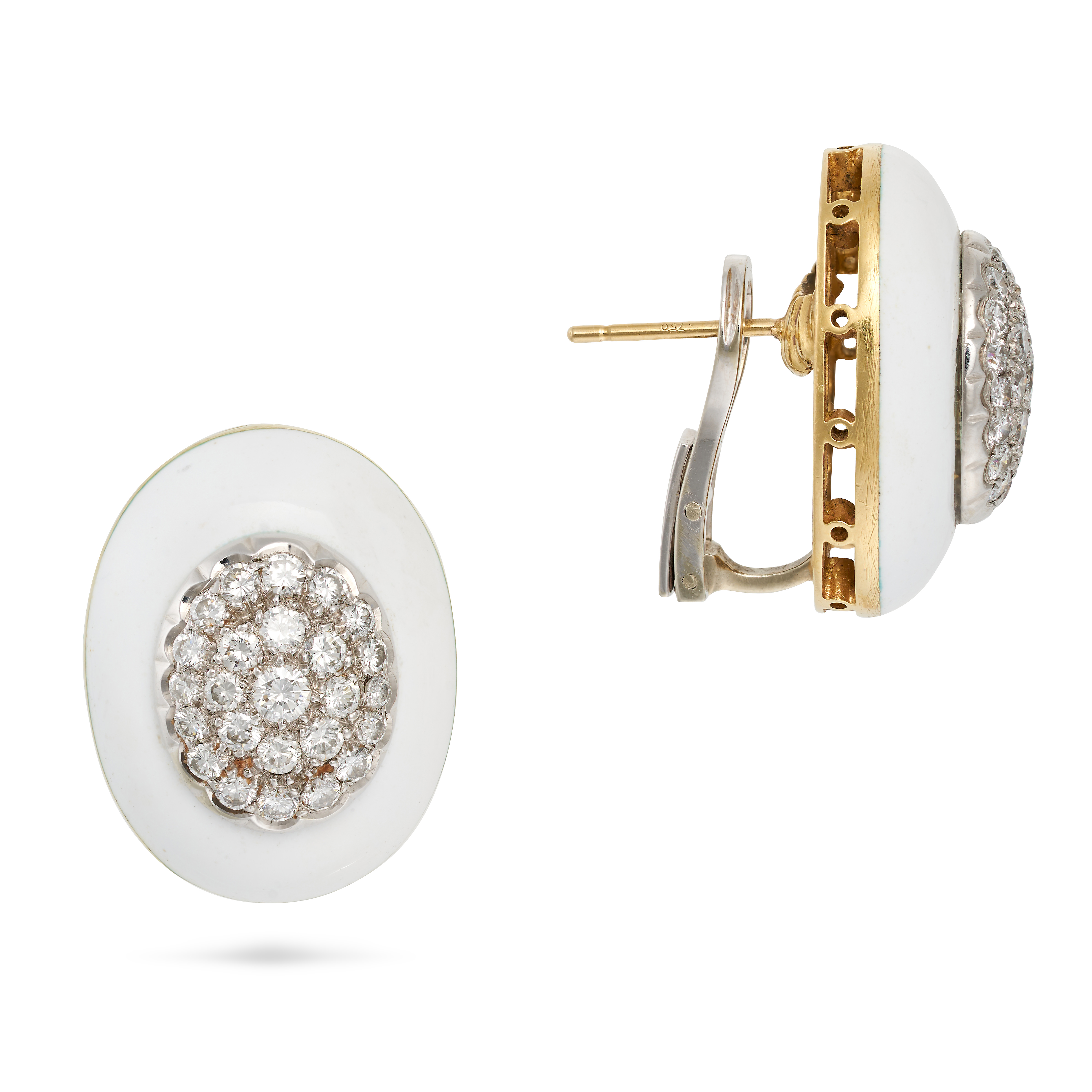 A PAIR OF DIAMOND AND ENAMEL EARRINGS in 18ct yellow and white gold, each domed face set with a c... - Image 2 of 2