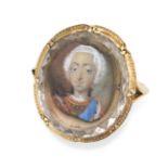 AN ANTIQUE STUART CRYSTAL PRINCE CHARLES EDWARD STUART PORTRAIT MINIATURE RING in yellow gold, se...