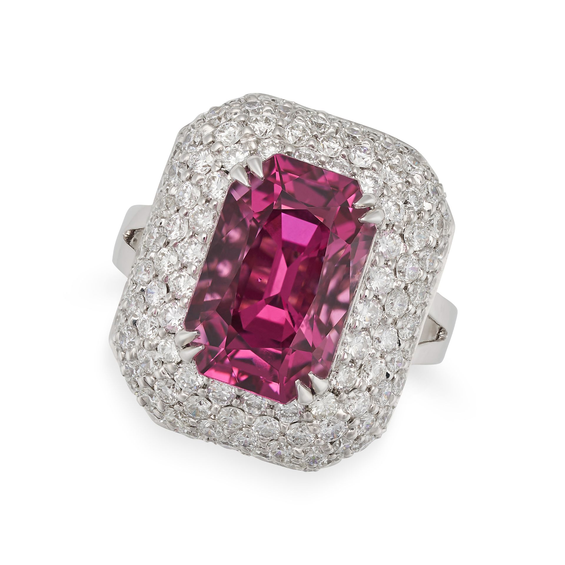 A 5.36CT UNHEATED BURMA SPINEL AND DIAMOND RING in 18ct white gold, set with a mixed cut spinel o...