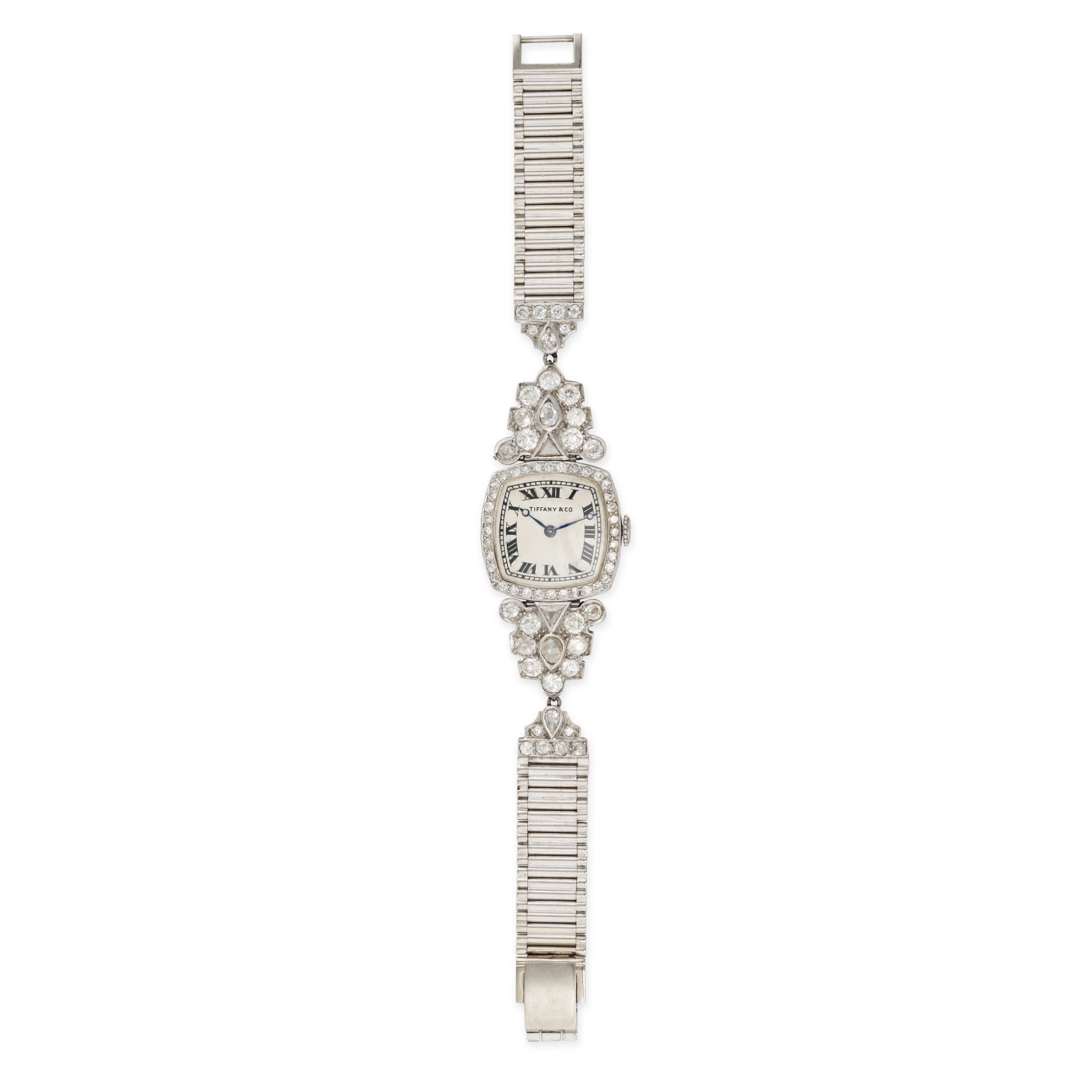 TIFFANY & CO - A VINTAGE DIAMOND COCKTAIL WATCH in platinum and 14ct white gold, the dial with Ro...